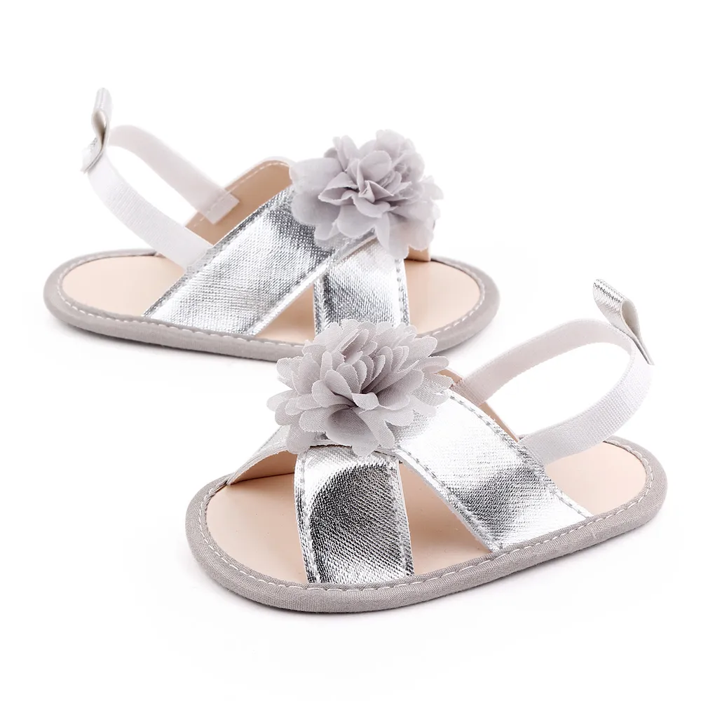 Baby / Toddler Floral Decor Open Toe Slingback Sandals Prewalker Shoes Silver big image 1