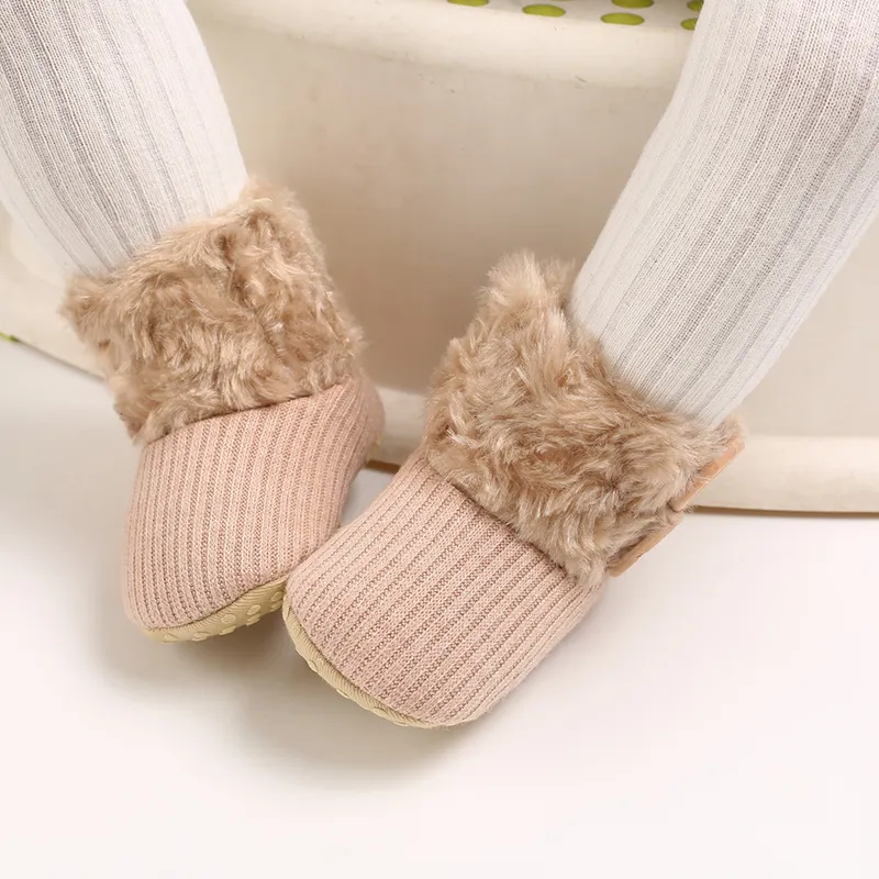 Baby / Toddler Girl Solid Button Fluff Knitted Casual Fleece-lining Prewalker Shoes Apricot big image 1