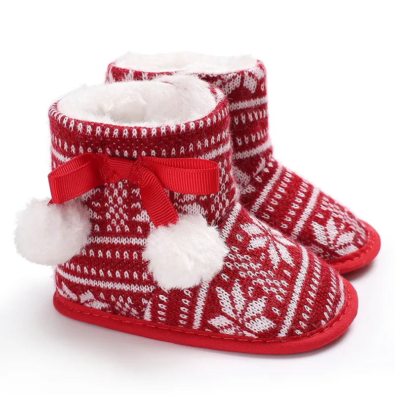 Christmas Baby & Toddler Pompom Decor Snowflake Print Fleece Prewalker Shoes
