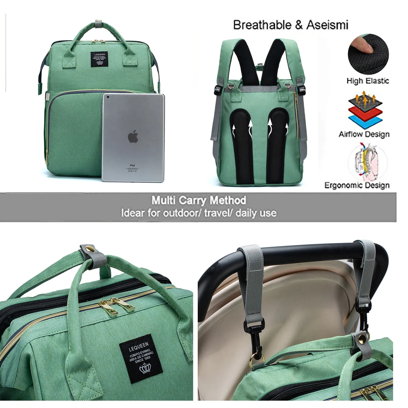 حقيبة ظهر متعددة الألوان للحفاضات بسعة كبيرة ، حقيبة ظهر متينة للسفر للأمومة لرعاية الطفل مع وسادات متغيرة أخضر big image 1