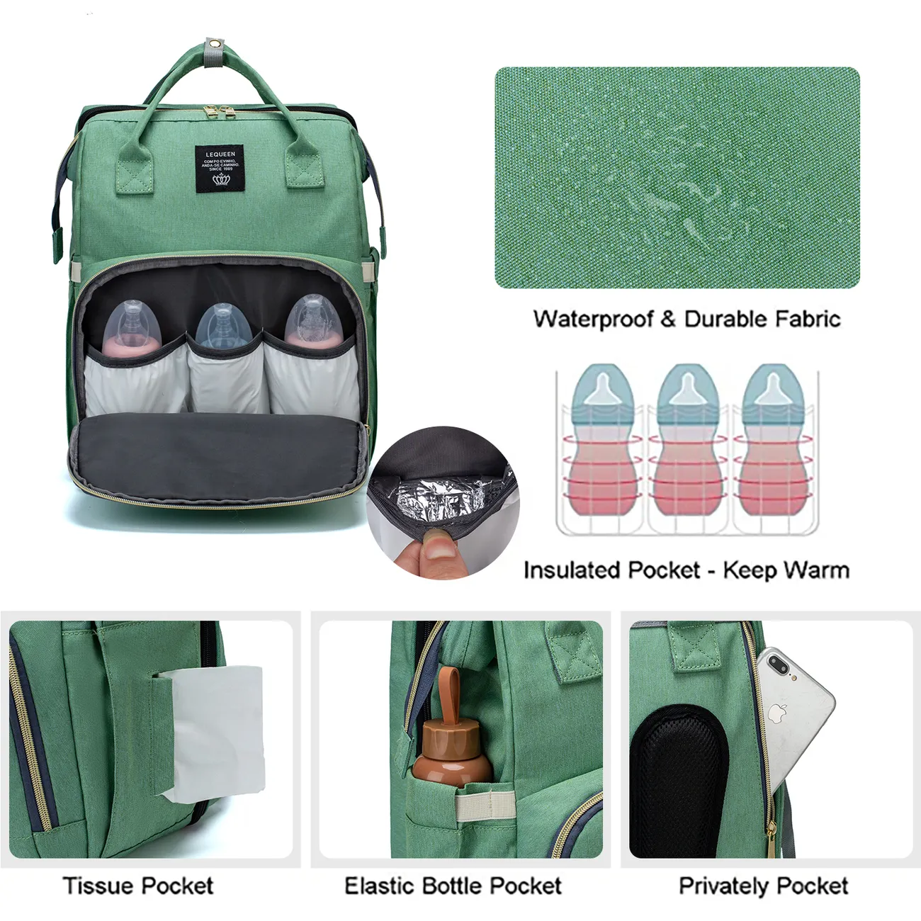 Mehrfarbiger Wickeltaschen-Rucksack mit großem Fassungsvermögen, strapazierfähiger Mutterschafts-Reiserucksack für die Babypflege mit Wickelauflagen grün big image 1