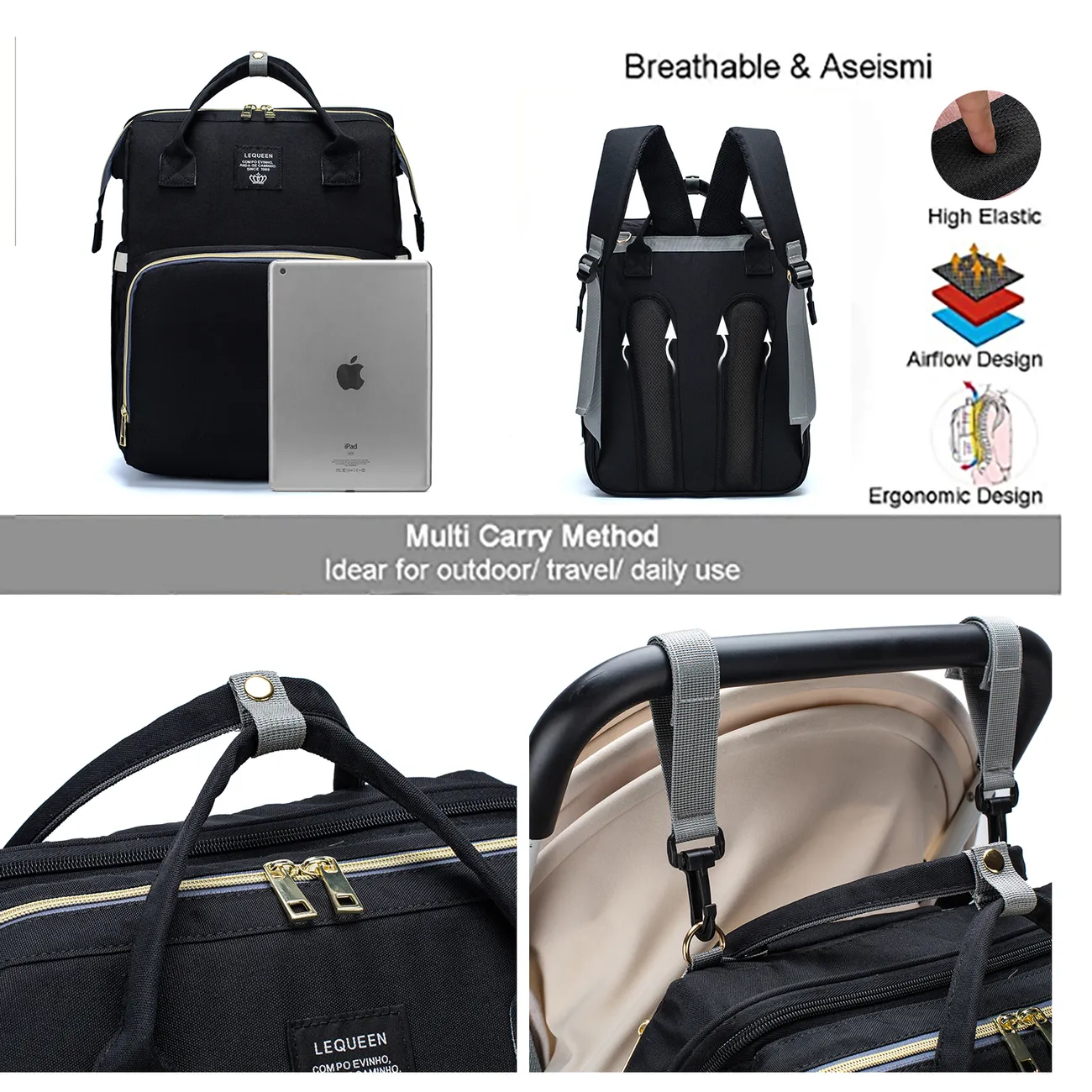 Baby-Wickeltasche, Rucksack mit Wickelstation, Multifunktions- und mehrfarbiger Umstandstasche und faltbarem Rucksack Tragbare Muttertasche mit großem Fassungsvermögen mit abnehmbarer Schnullertasche, Wickelauflage und USB  schwarz big image 1