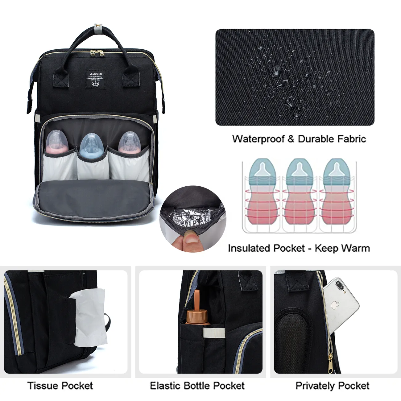 Baby-Wickeltasche, Rucksack mit Wickelstation, Multifunktions- und mehrfarbiger Umstandstasche und faltbarem Rucksack Tragbare Muttertasche mit großem Fassungsvermögen mit abnehmbarer Schnullertasche, Wickelauflage und USB  schwarz big image 1