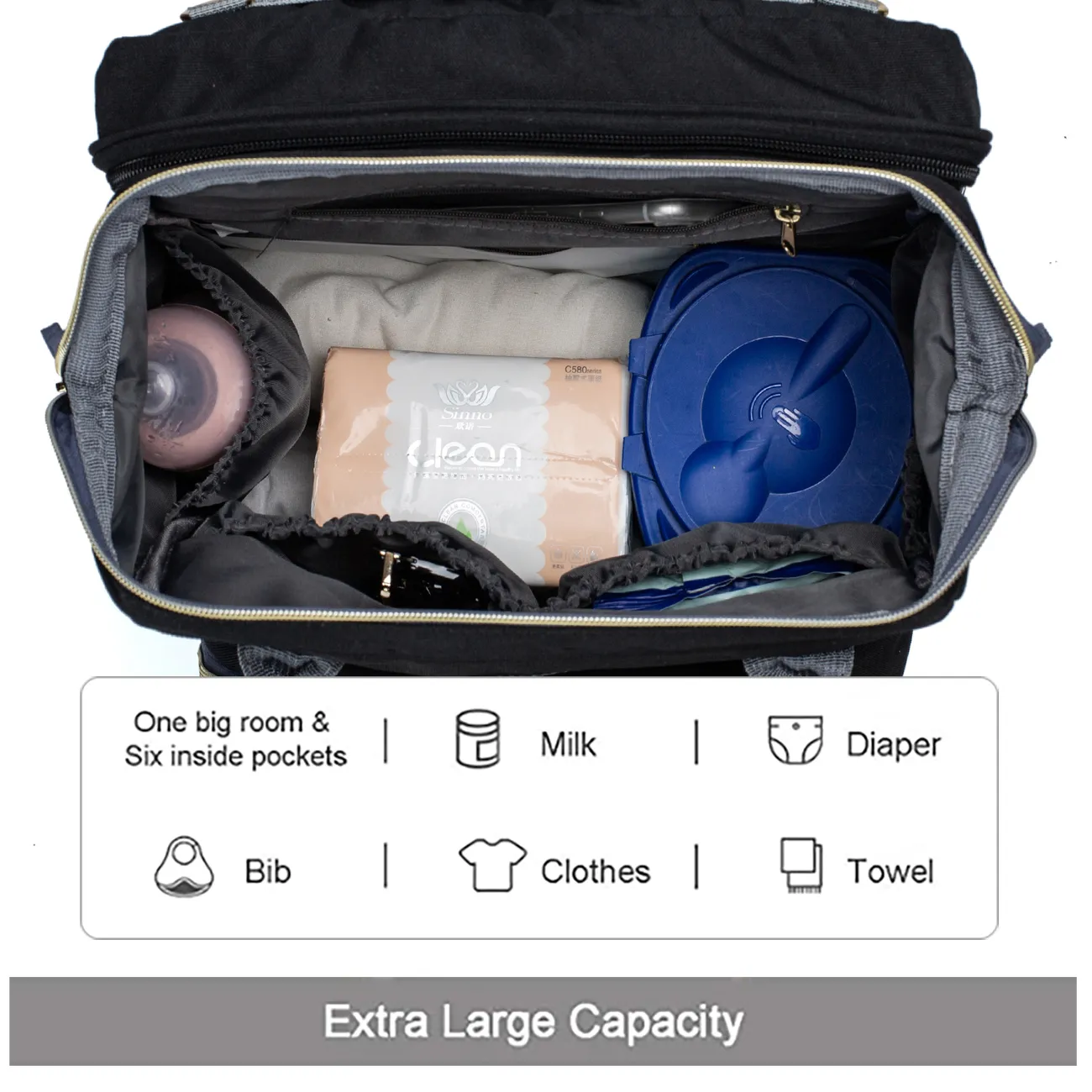 Mehrfarbiger Wickeltaschen-Rucksack mit großem Fassungsvermögen, strapazierfähiger Mutterschafts-Reiserucksack für die Babypflege mit Wickelauflagen schwarz big image 1