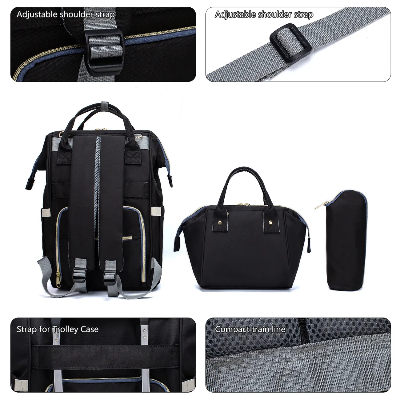 3-piece Multicolorful Baby Bag Diagonal Bag Backpack Large Capacity Black big image 1