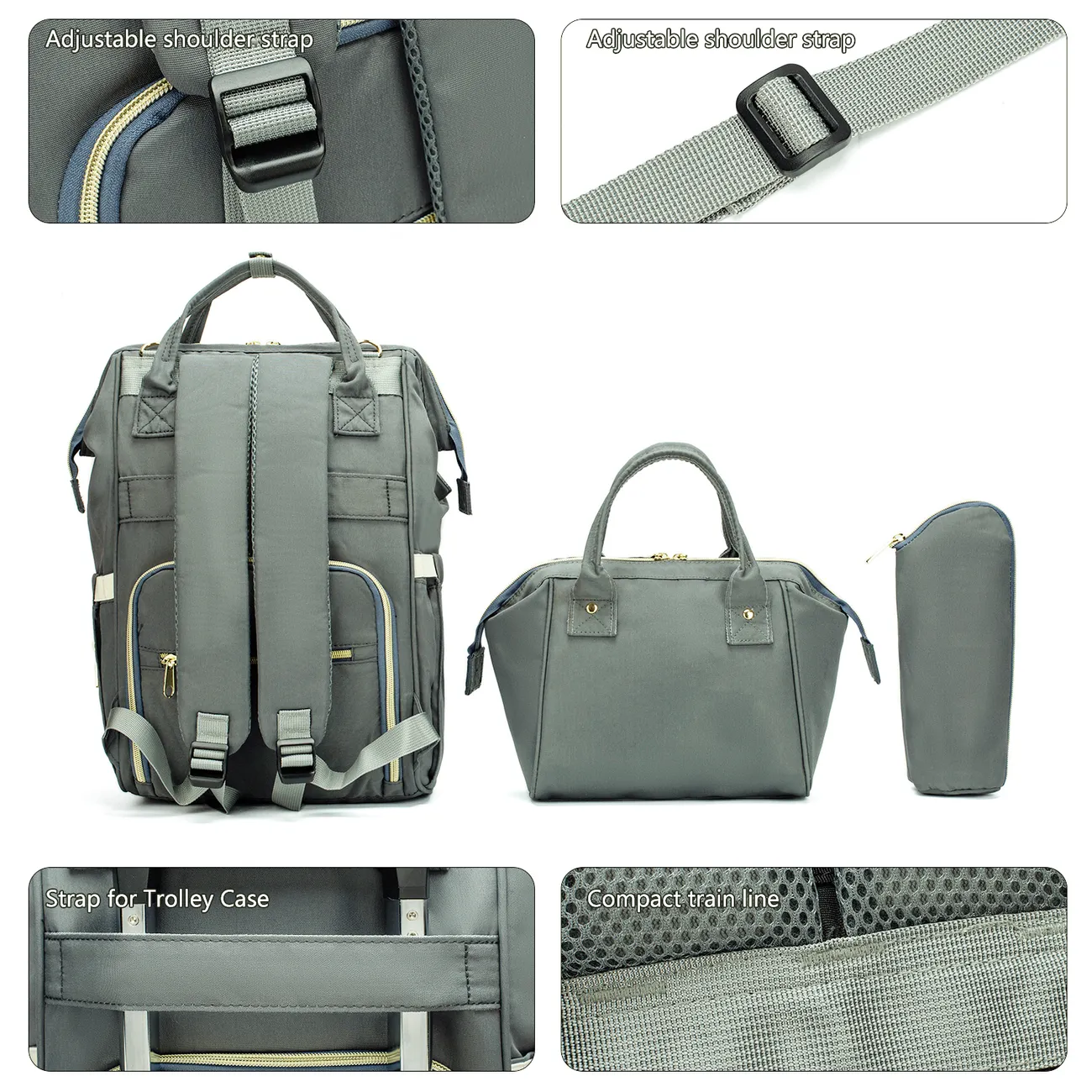 3-piece Multicolorful Diaper Bag Diagonal Bag Backpack Large Capacity Dark Grey big image 1