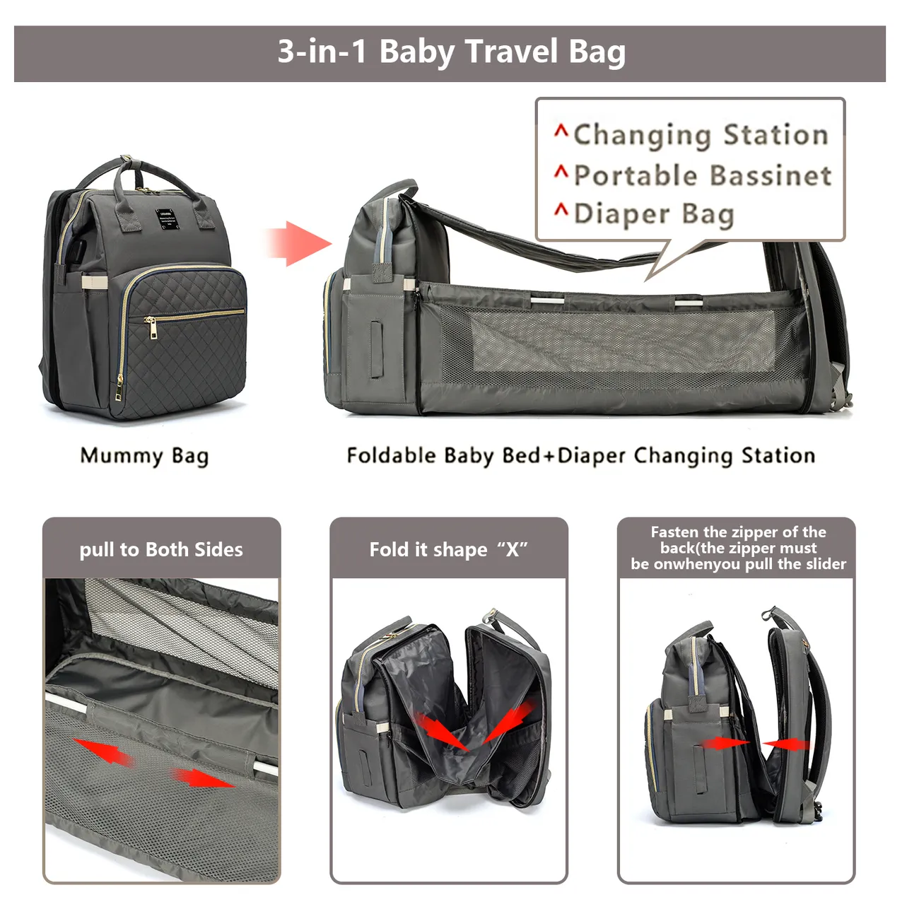 Baby Bag Backpack Diapers Changing Pad Portable Baby Bag Foldable Baby Bed Travel Bag with USB Dark Grey big image 1