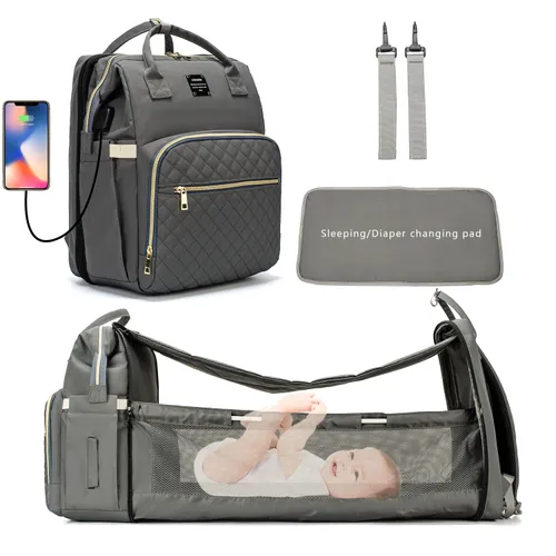 Wickeltasche Rucksack Windeln Wickelunterlage tragbar Mumientasche faltbar Babybett Reisetasche mit USB