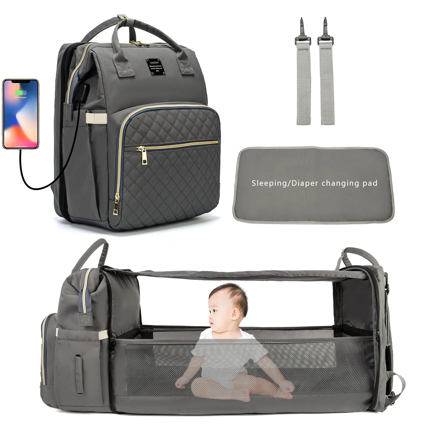 Baby Diaper Bag Backpack with Changing Station Large Capacity Multifunction and Multicolorful Maternity Mom Bag & Folding Backpack Portable Large Capacity Mom Bag with Detachable Pacifier Bag, Diapers Changing Pad and USB  Grey