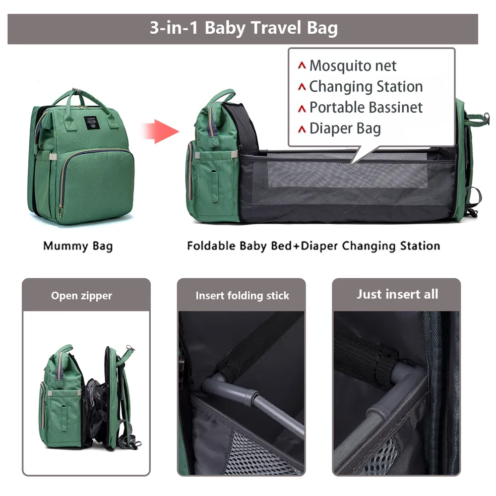 Zaino per borsa per pannolini per bambini con stazione di cambio Borsa mamma premaman multifunzione e multicolore di grande capacità e zaino pieghevole Borsa portatile per mamma di grande capacità con borsa per ciuccio staccabile, fasciatoio per pannolini e USB big image 3