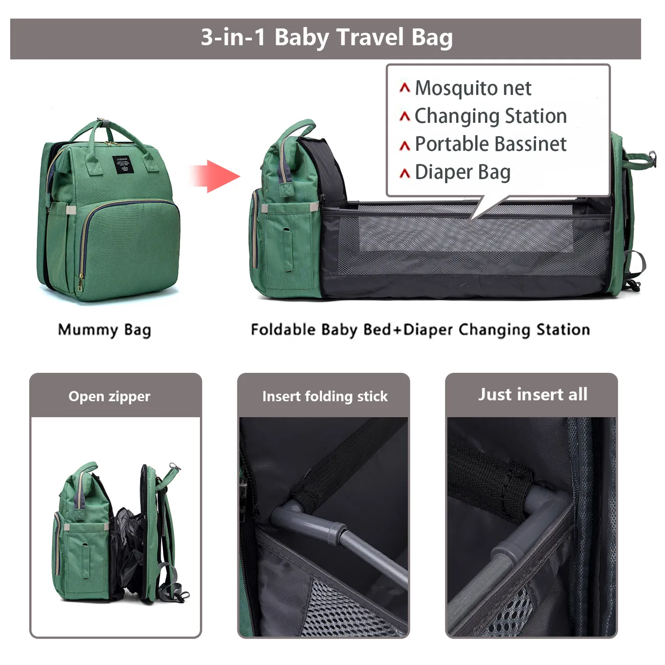 Mochila multicolorida para fraldas de grande capacidade, mochila de viagem para maternidade durável para cuidados com o bebê com almofadas de troca Verde big image 1