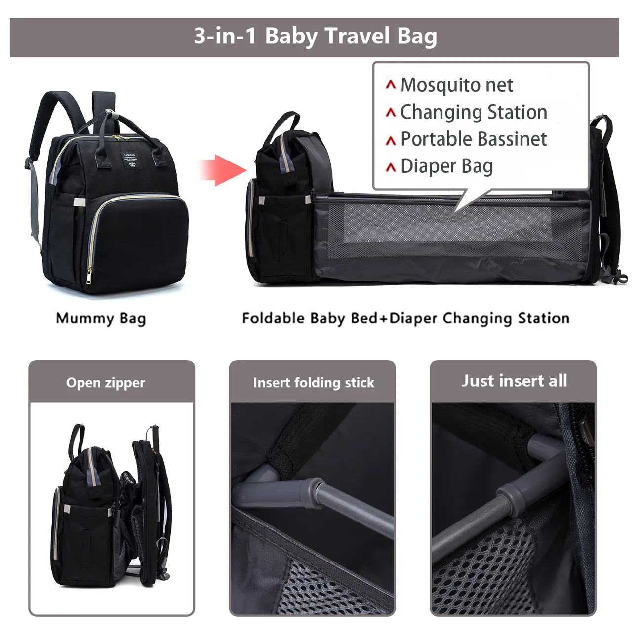 Baby Diaper Bag Backpack with Changing Station Large Capacity Multifunction and Multicolorful Maternity Mom Bag & Folding Backpack Portable Large Capacity Mom Bag with Detachable Pacifier Bag, Diapers Changing Pad and USB  Black big image 1
