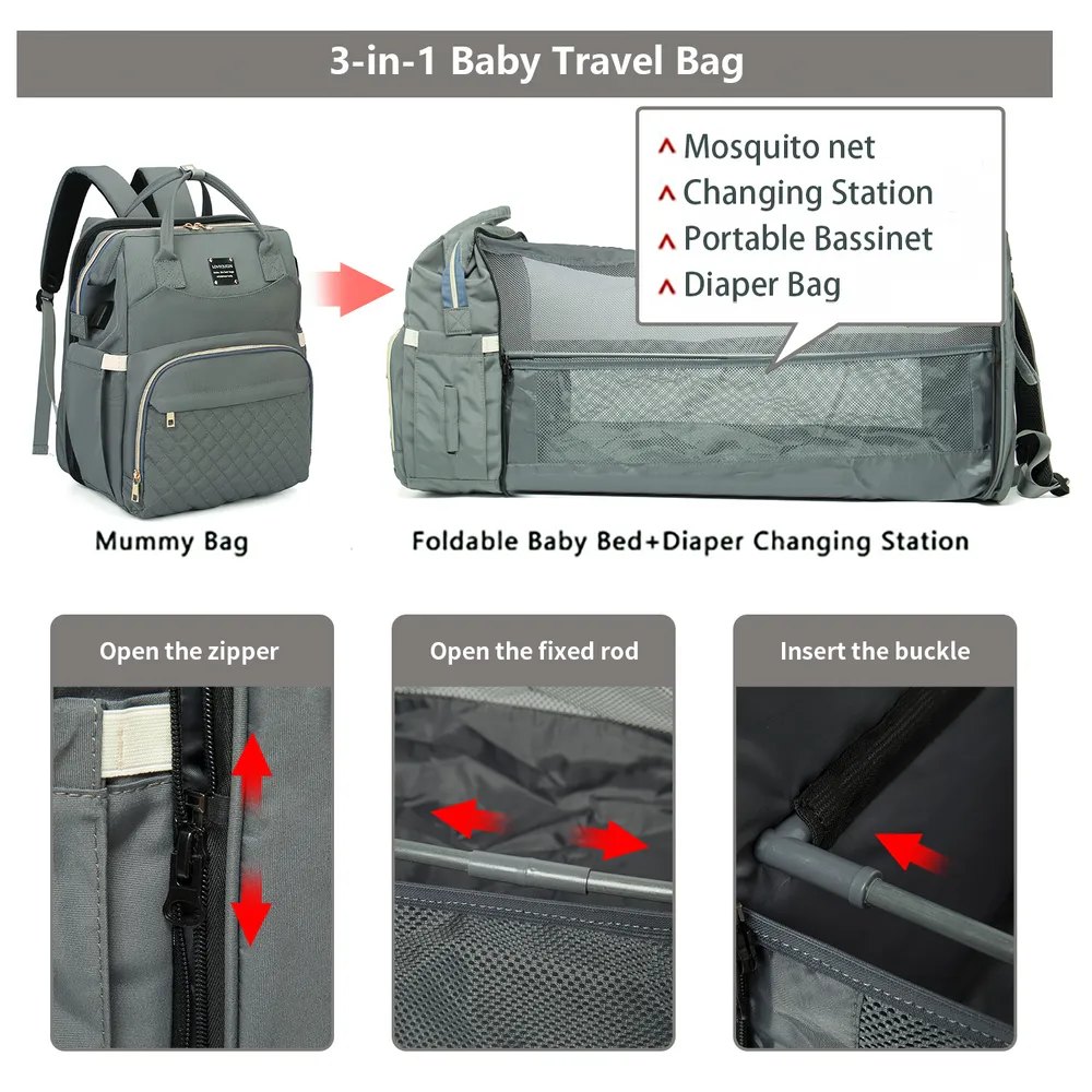 Zaino multifunzione della mamma portatile di grande capacità Borsa del pannolino che cambia la borsa premaman Letto da viaggio pieghevole per mamma bambino all'aperto big image 6