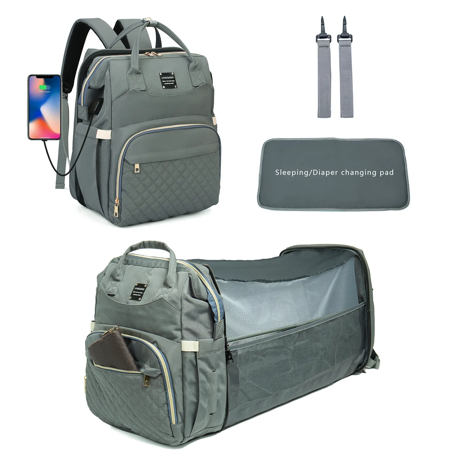 Baby Diaper Bag Backpack with Changing Station Large Capacity Multifunction and Multicolorful Maternity Mom Bag & Folding Backpack Portable Large Capacity Mom Bag with Detachable Pacifier Bag, Diapers Changing Pad and USB  Color-E