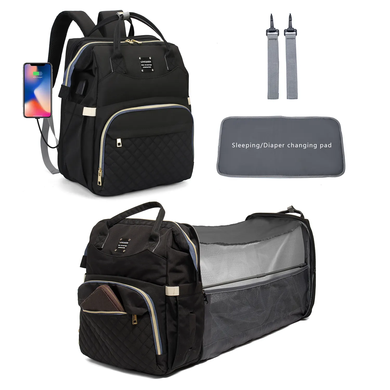 Baby Diaper Bag Backpack with Changing Station Large Capacity Multifunction and Multicolorful Maternity Mom Bag & Folding Backpack Portable Large Capacity Mom Bag with Detachable Pacifier Bag, Diapers Changing Pad and USB  Color-F