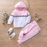 2pcs Letter Print Splice Color Block Hooded Long-sleeve Baby Set Pink