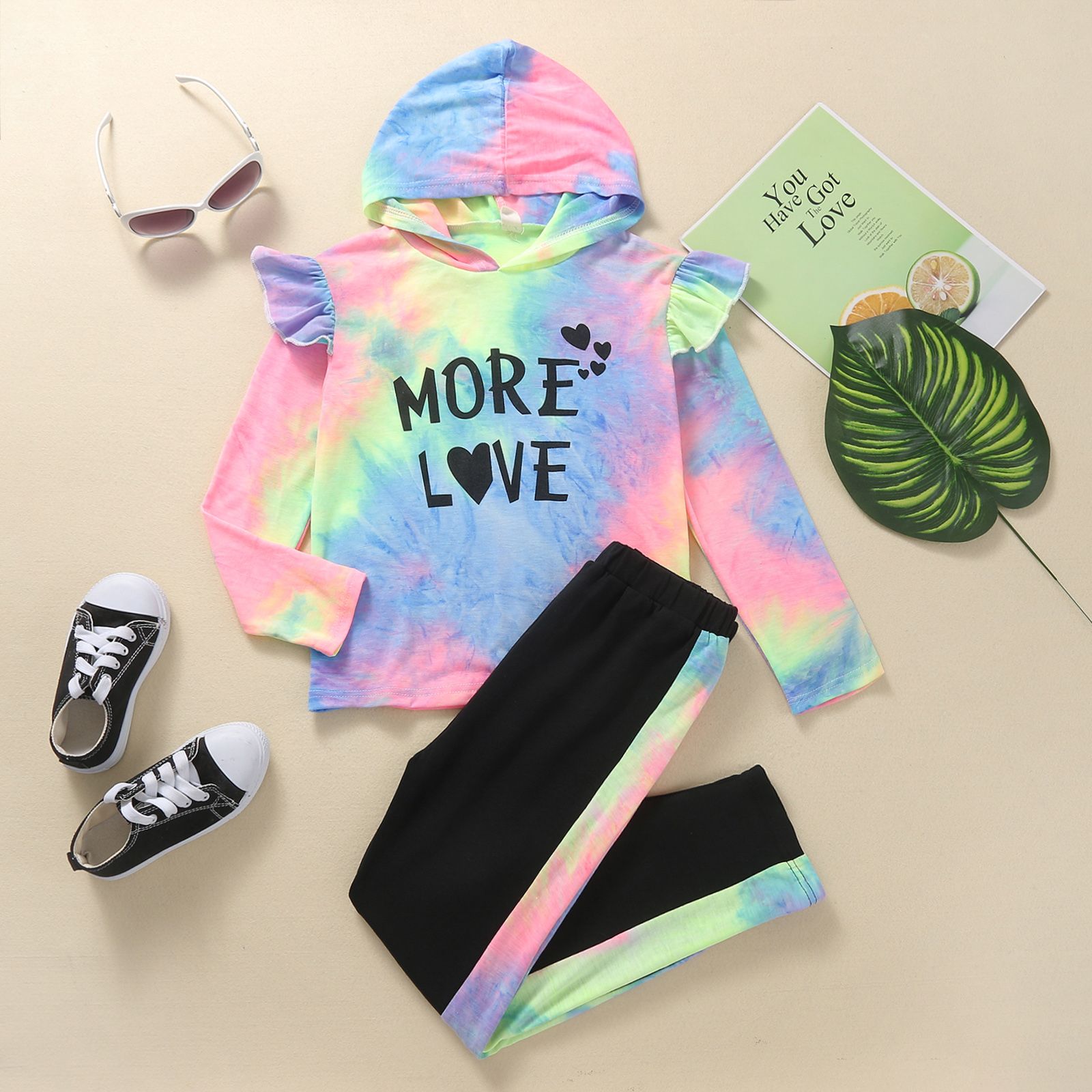 

2-piece Kid Girl Ruffle-sleeve Tie-dye Print Hoodie and Tie-dye Print Pants Set