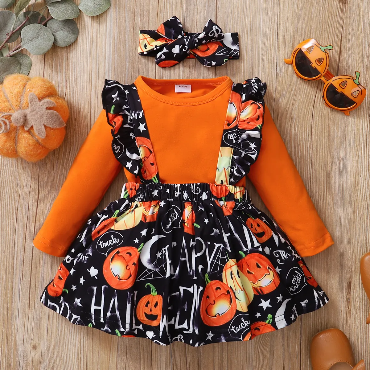2pcs Halloween Style Pumpkin Print Long-sleeve Orange Baby Set Orange big image 1