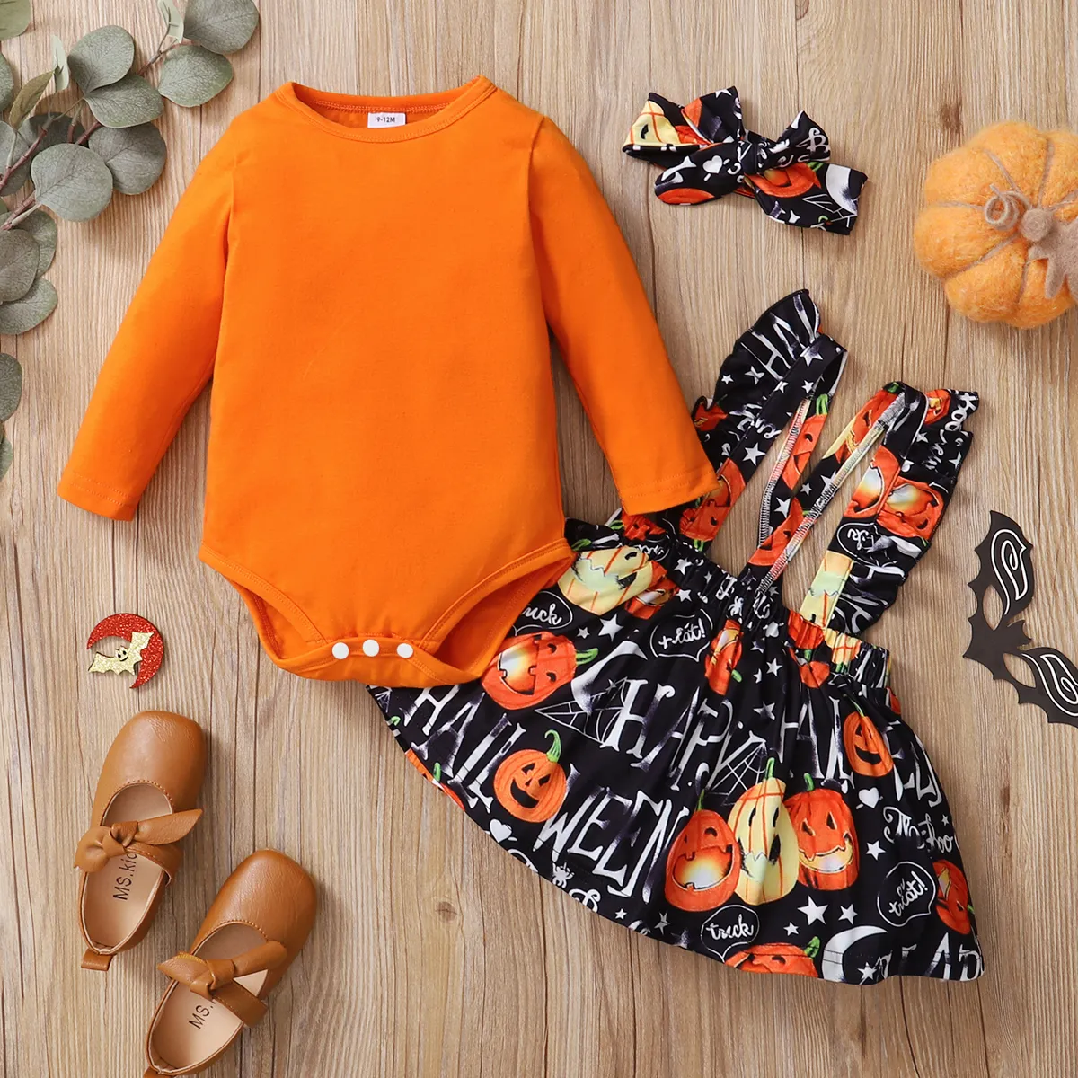 2pcs Halloween Style Pumpkin Print Long-sleeve Orange Baby Set Orange big image 1