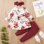 3-piece Baby Pretty Floral Dress Top and Polka Dots Pants with Headband Set Burgundy