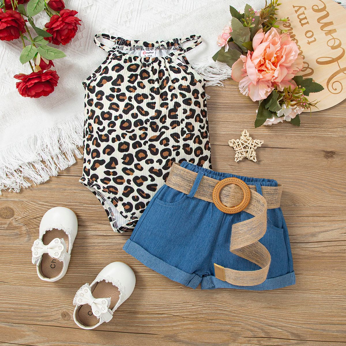 

2pcs Baby Girl Leopard Halter Romper and Belted Imitation Denim Shorts Set