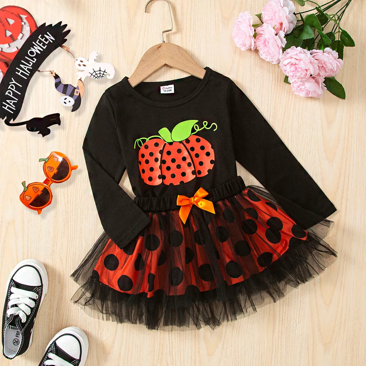 2pcs Toddler Girl Halloween Pumpkin Print Long-sleeve Tee and Bowknot Polka dots Mesh Skirt Set Black big image 1