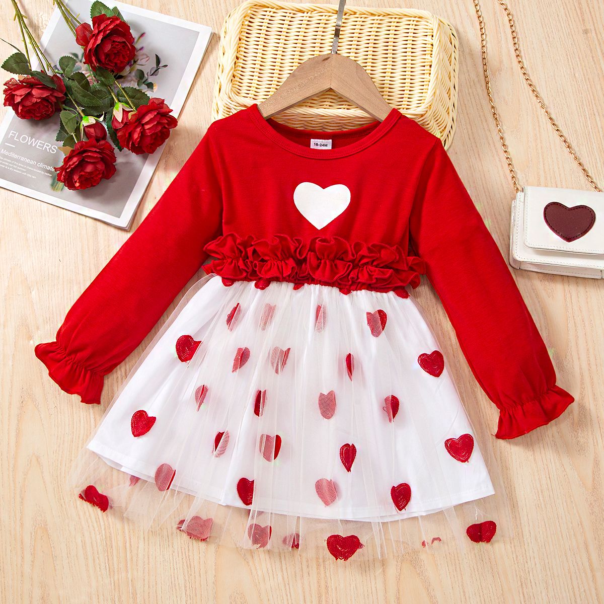 

Toddler Girl Valentine's Day Ruffled Heart Print Mesh Splice Long-sleeve Dress