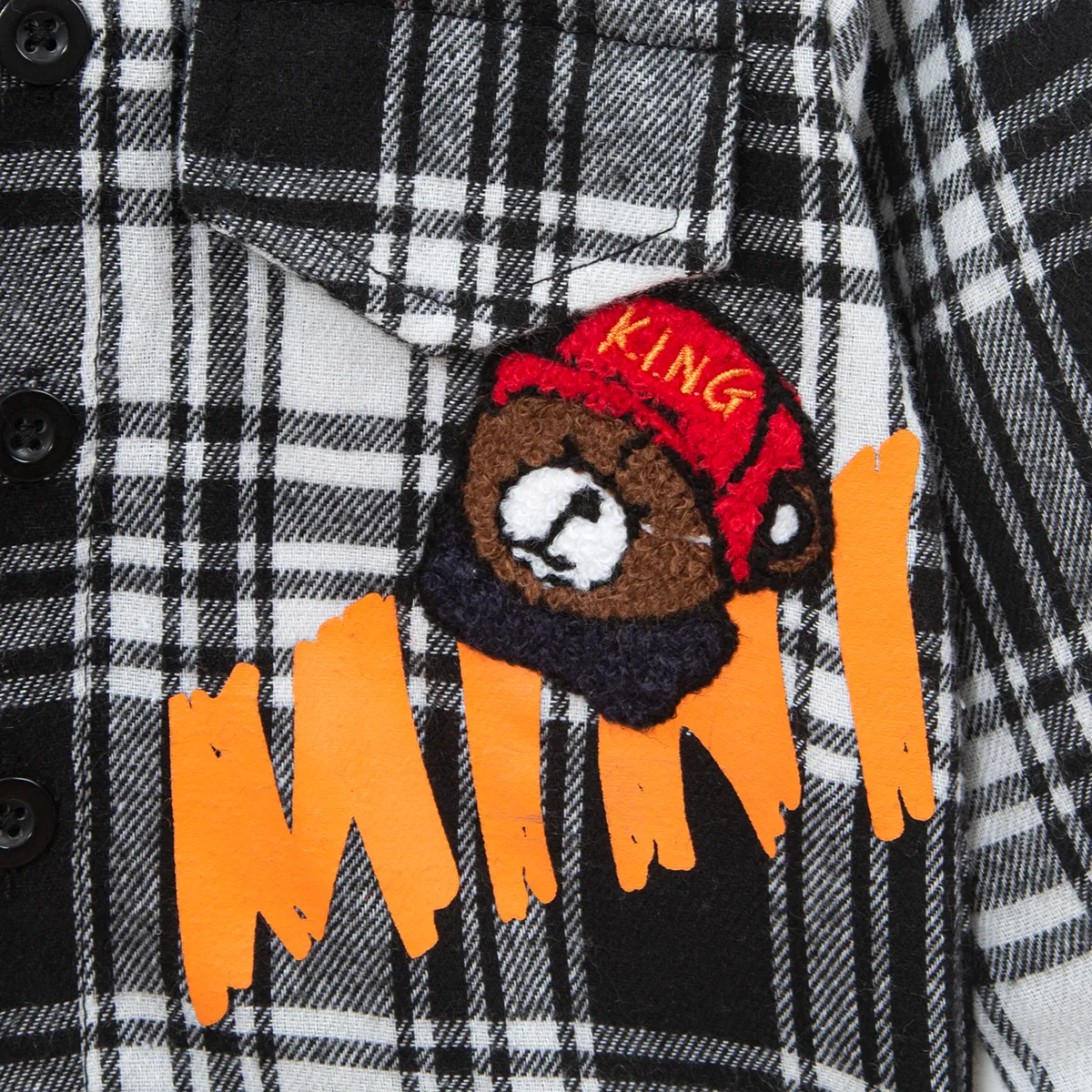 2pcs Baby Boy Bear Embroidered Letter Print Plaid Hooded Long-sleeve Shirt Jacket and Sweatpants Set Black/White image 3