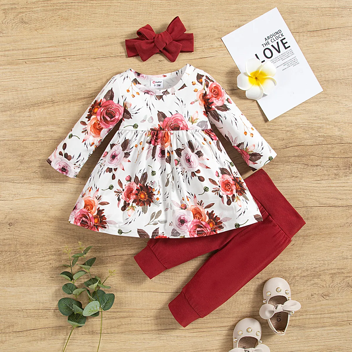 3pcs Floral Allover Long-sleeve Yellow Baby Set Burgundy