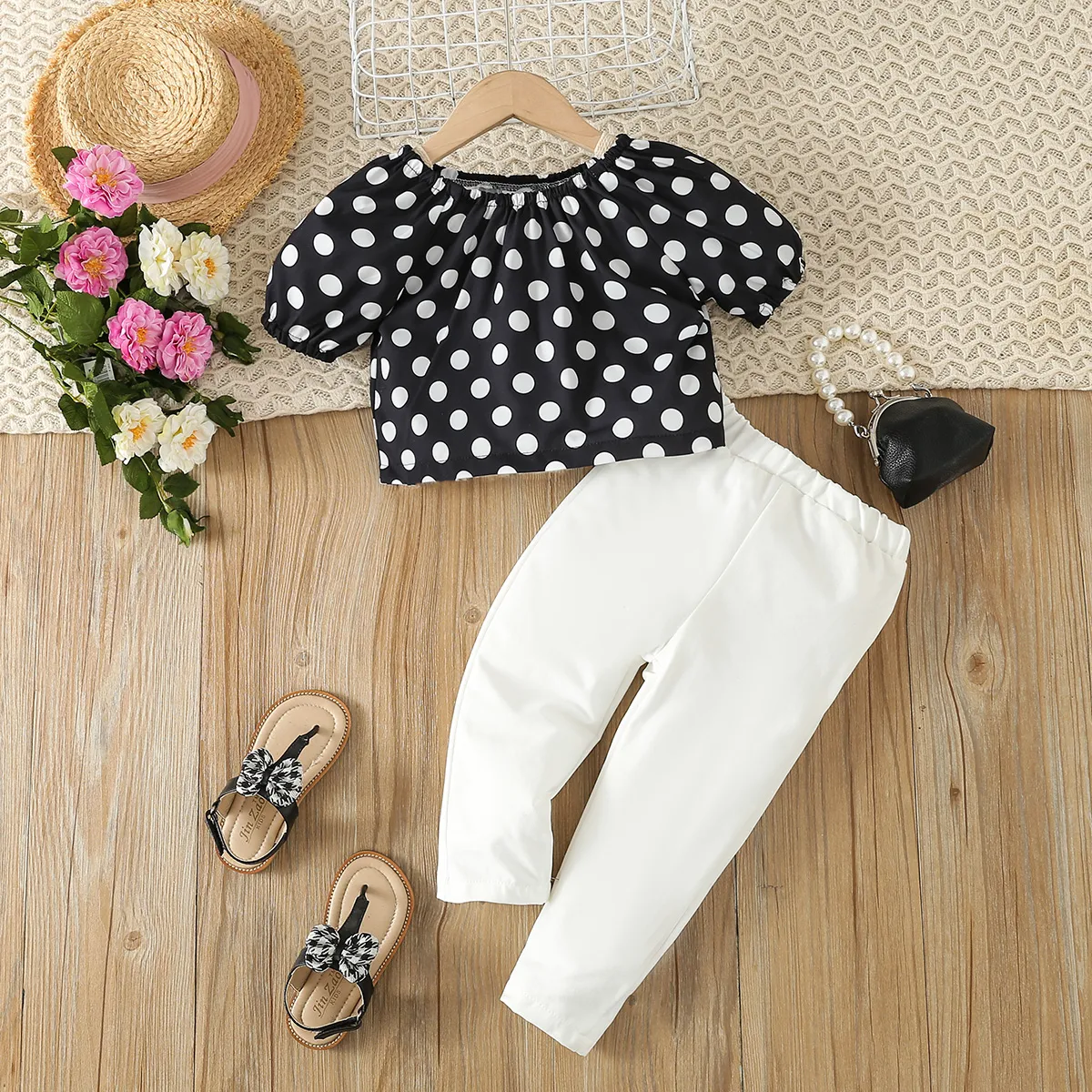 2pcs Toddler Girl Trendy Polka Dots Short-sleeve Top and White Pants Set Black big image 1