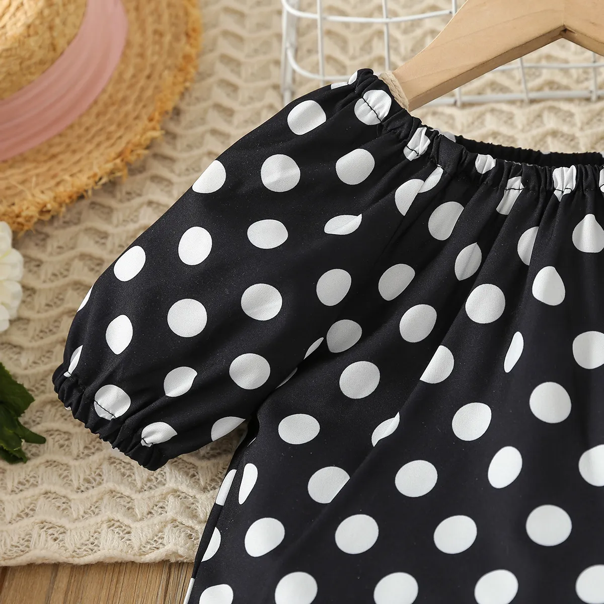 2pcs Toddler Girl Trendy Polka Dots Short-sleeve Top and White Pants Set Black image 3