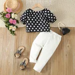 2pcs Toddler Girl Trendy Polka Dots Short-sleeve Top and White Pants Set Black image 2