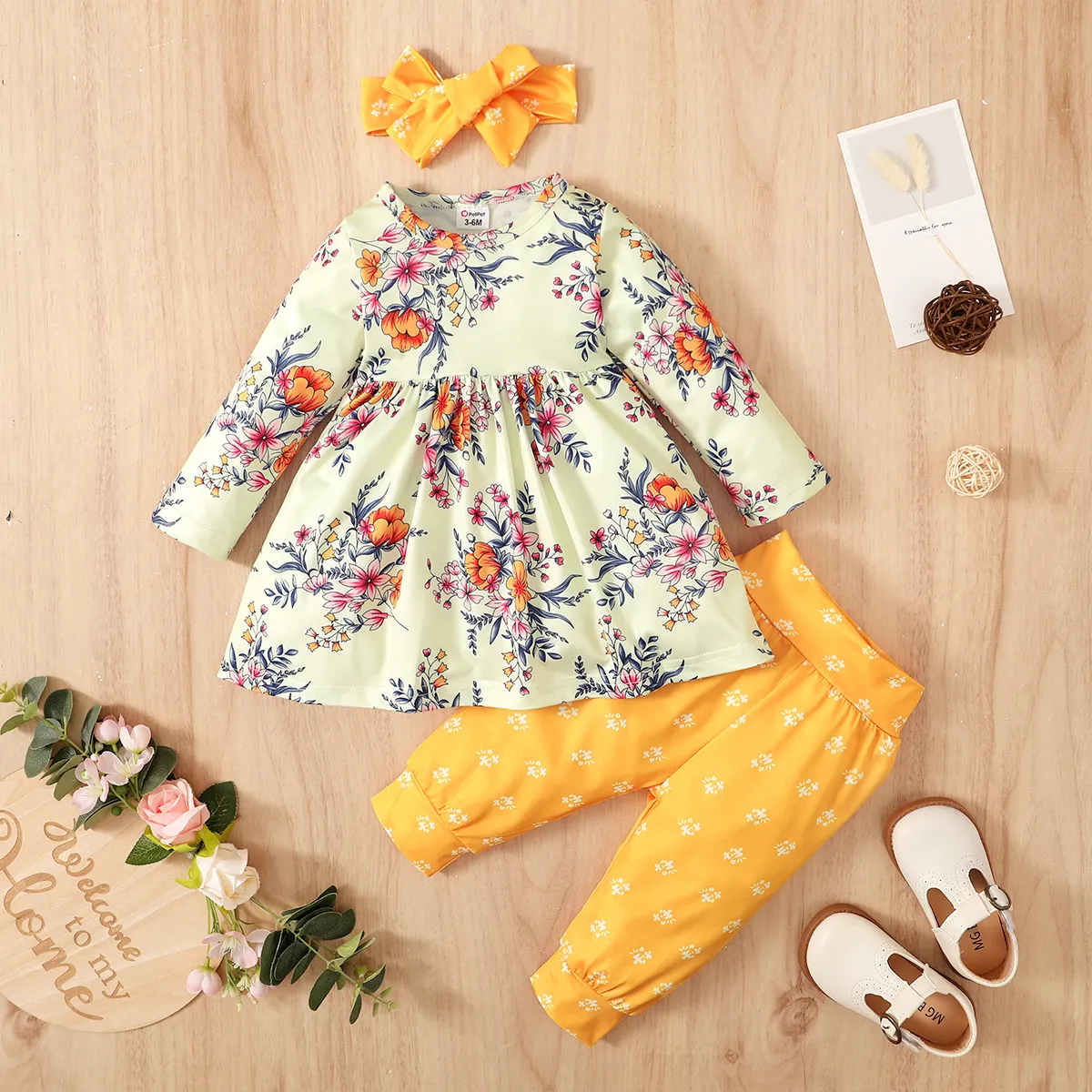3pcs Floral Allover Long-sleeve Yellow Baby Set Yellow big image 1