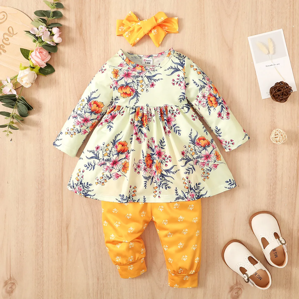 3pcs Floral Allover Long-sleeve Yellow Baby Set Yellow image 6