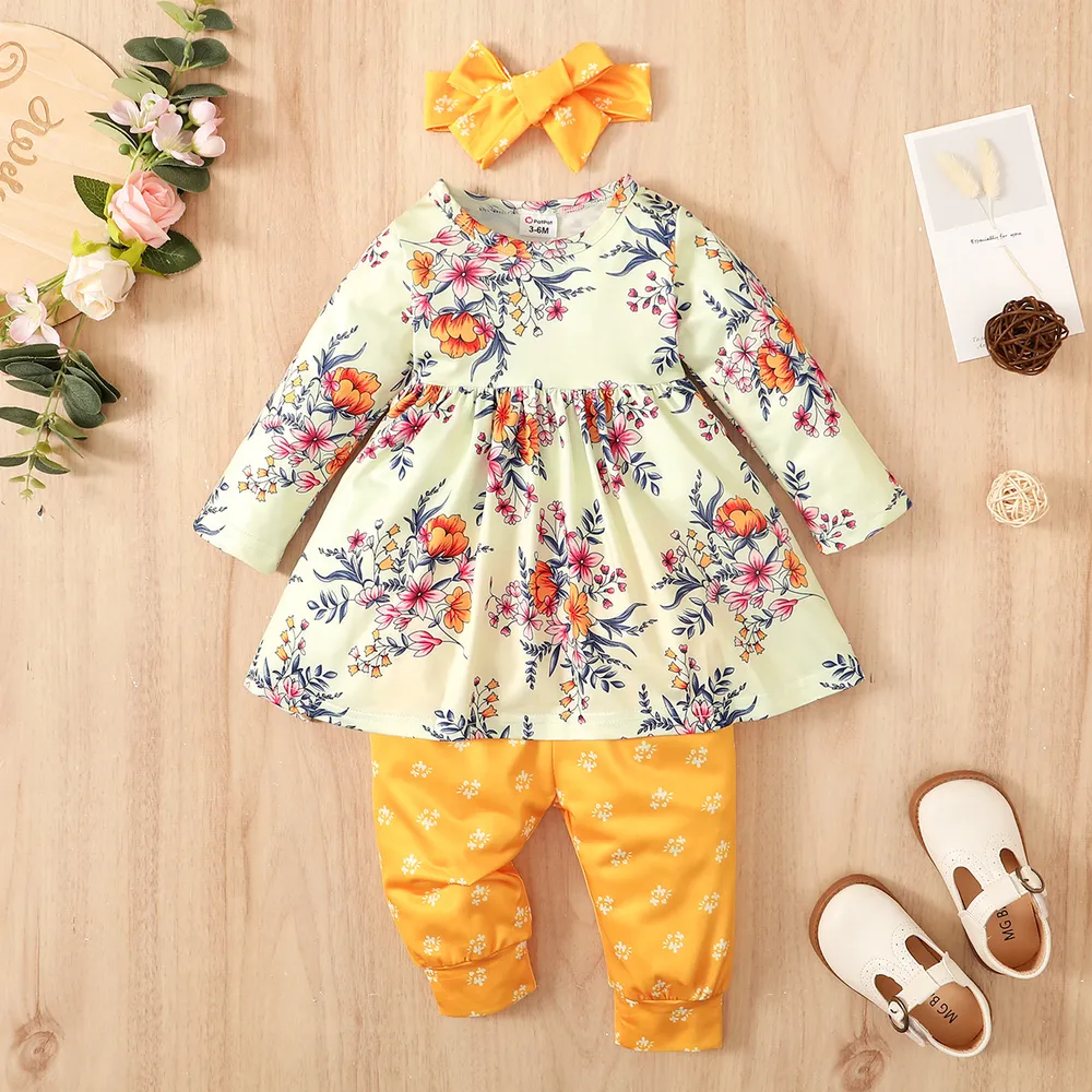 3pcs Floral Allover Long-sleeve Yellow Baby Set  big image 6