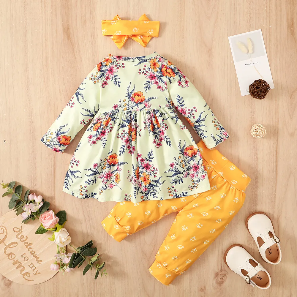 3pcs Floral Allover Long-sleeve Yellow Baby Set  big image 8