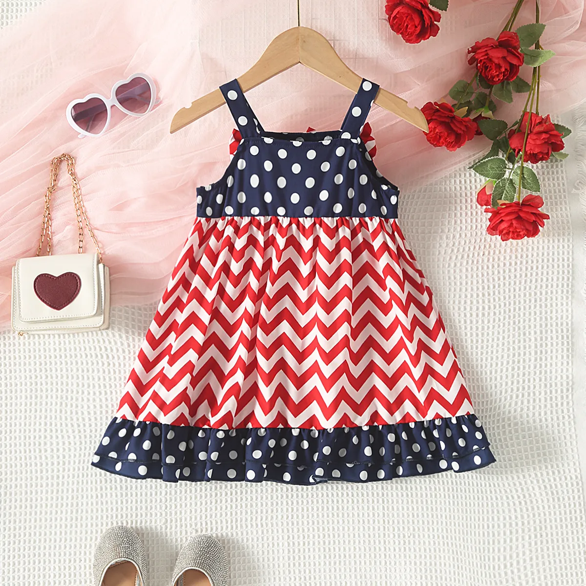 Independence Day Toddler Girl Bow Decor Slip Dress Dark blue/White/Red image 2