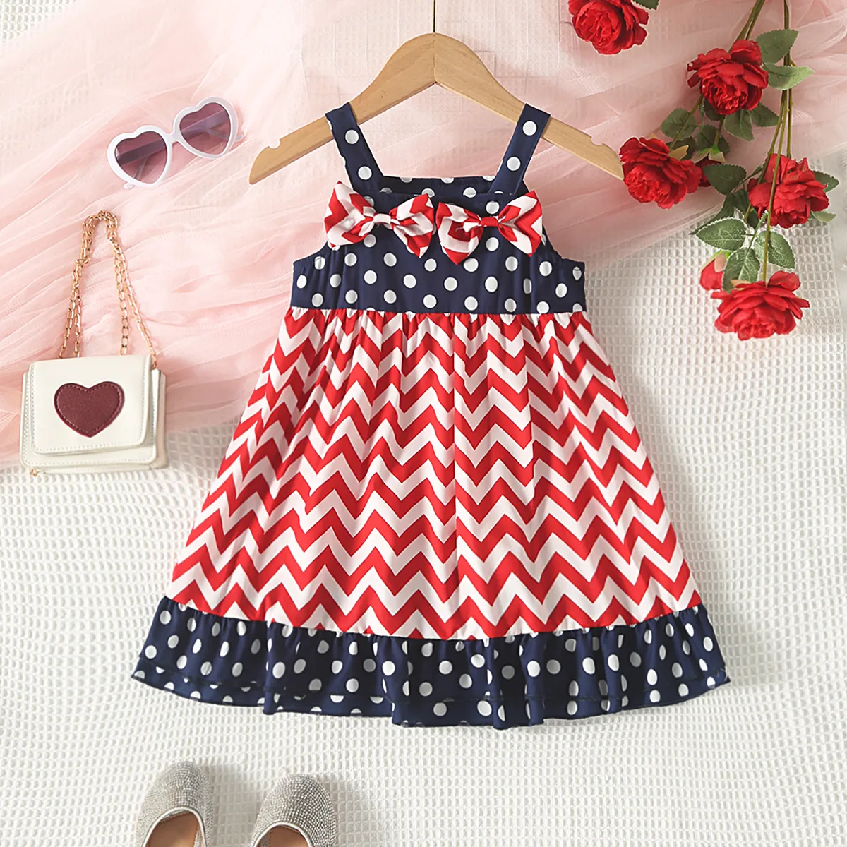 Independence Day Toddler Girl Bow Decor Slip Dress Dark blue/White/Red big image 1