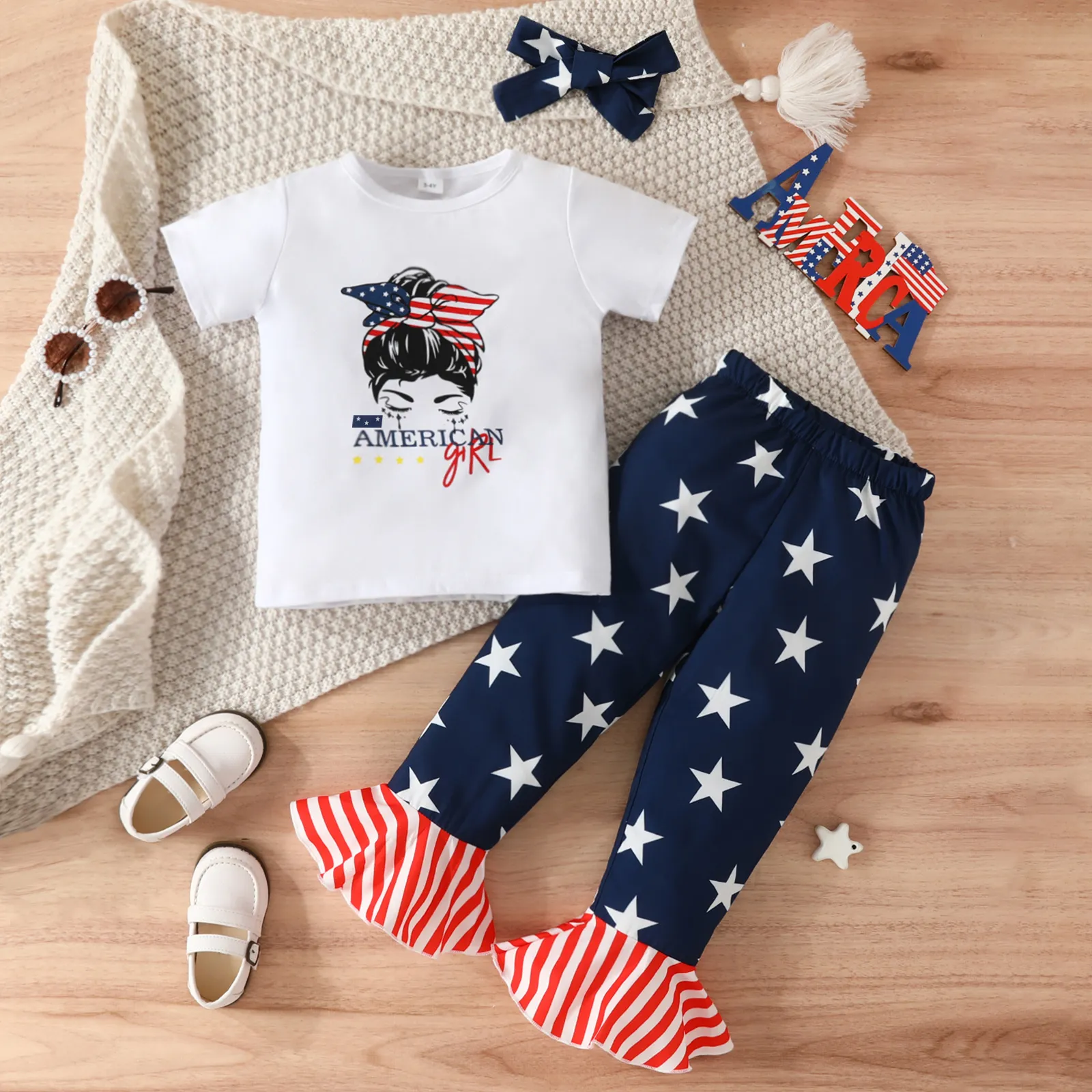 Independence Day 3pcs Toddler Girl Headband & Figure Print Short-sleeve Tee & Flared Pants Set