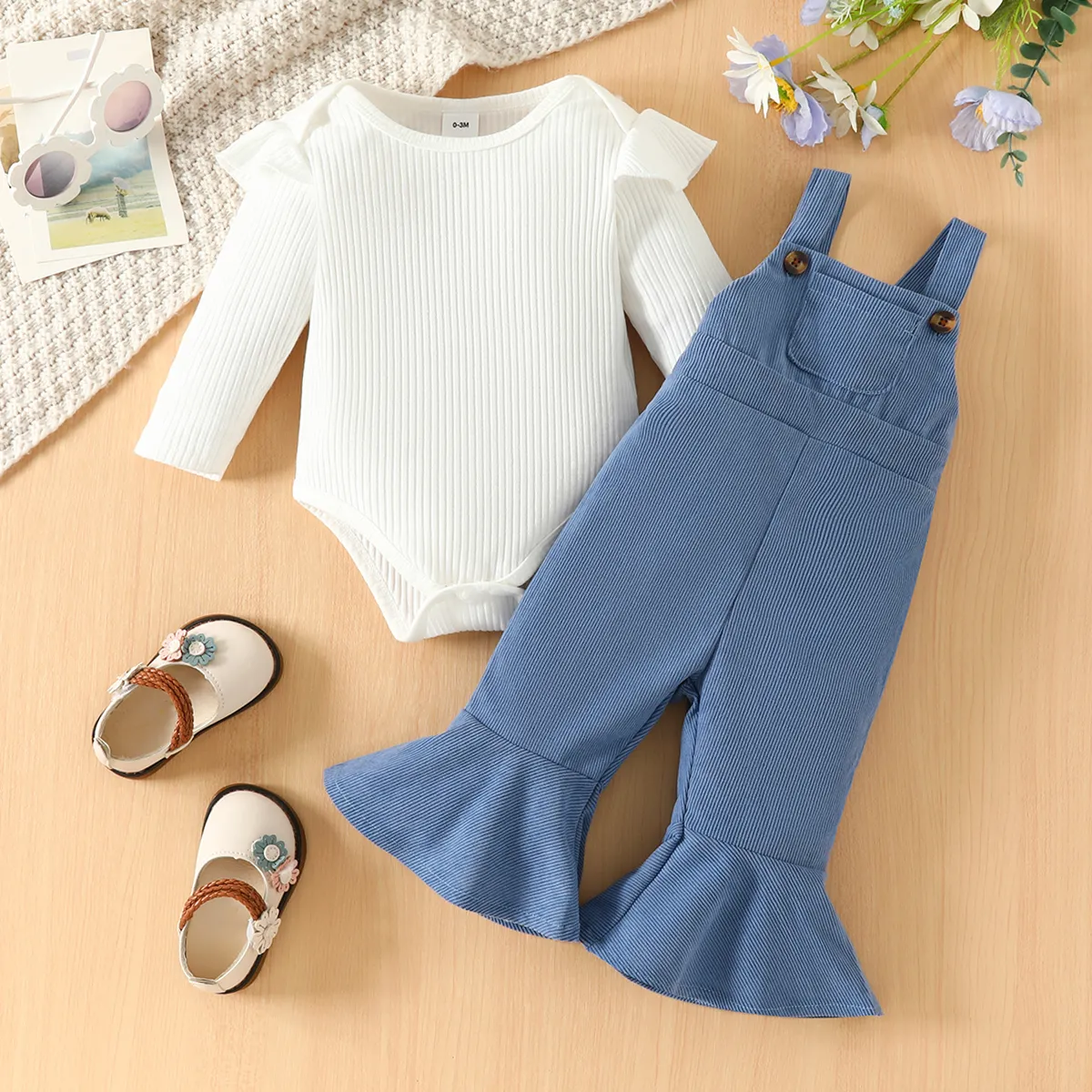 2pcs Baby Girl 95% Cotton Ribbed Ruffle Solid Long-sleeve Romper and Pocket Flared Overalls Set White big image 1