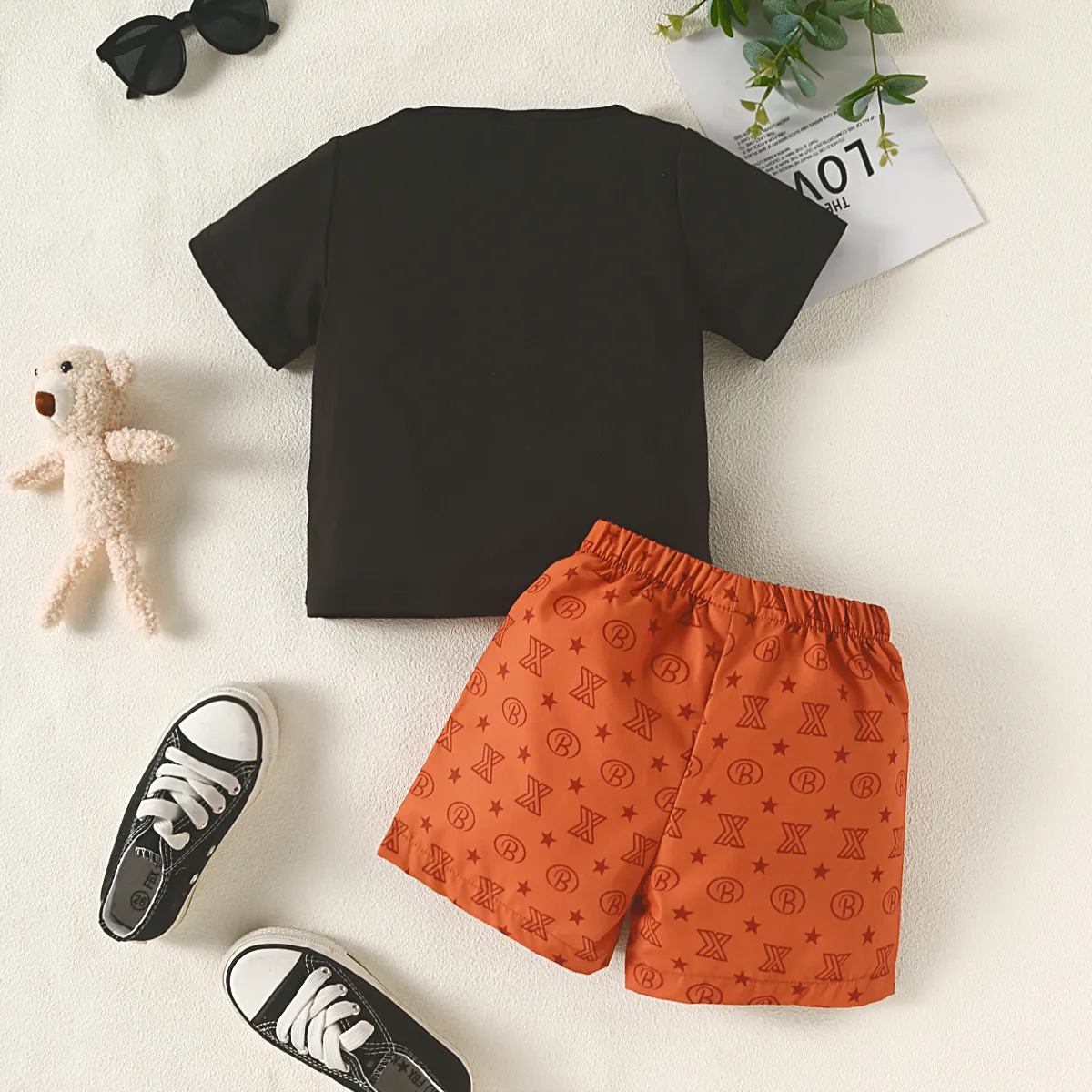 2pcs Toddler Boy Letter Animal Print Short-sleeve Tee and Shorts Set  Brown image 2