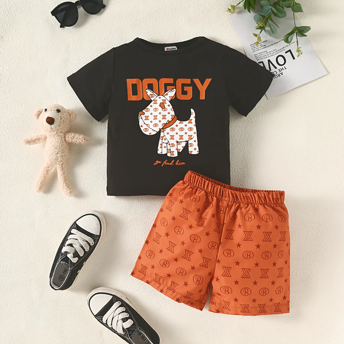 2pcs Toddler Boy Letter Animal Print Short-sleeve Tee and Shorts Set Brown big image 1