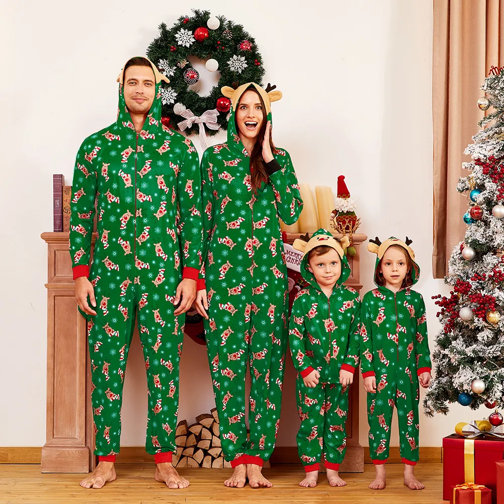 Natal Look de família Manga comprida Conjuntos de roupa para a família Pijamas (Flame Resistant) Verde