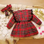 Baby 2pcs Red Plaid Ruffle Pom Poms Long-sleeve Dress Set  image 2