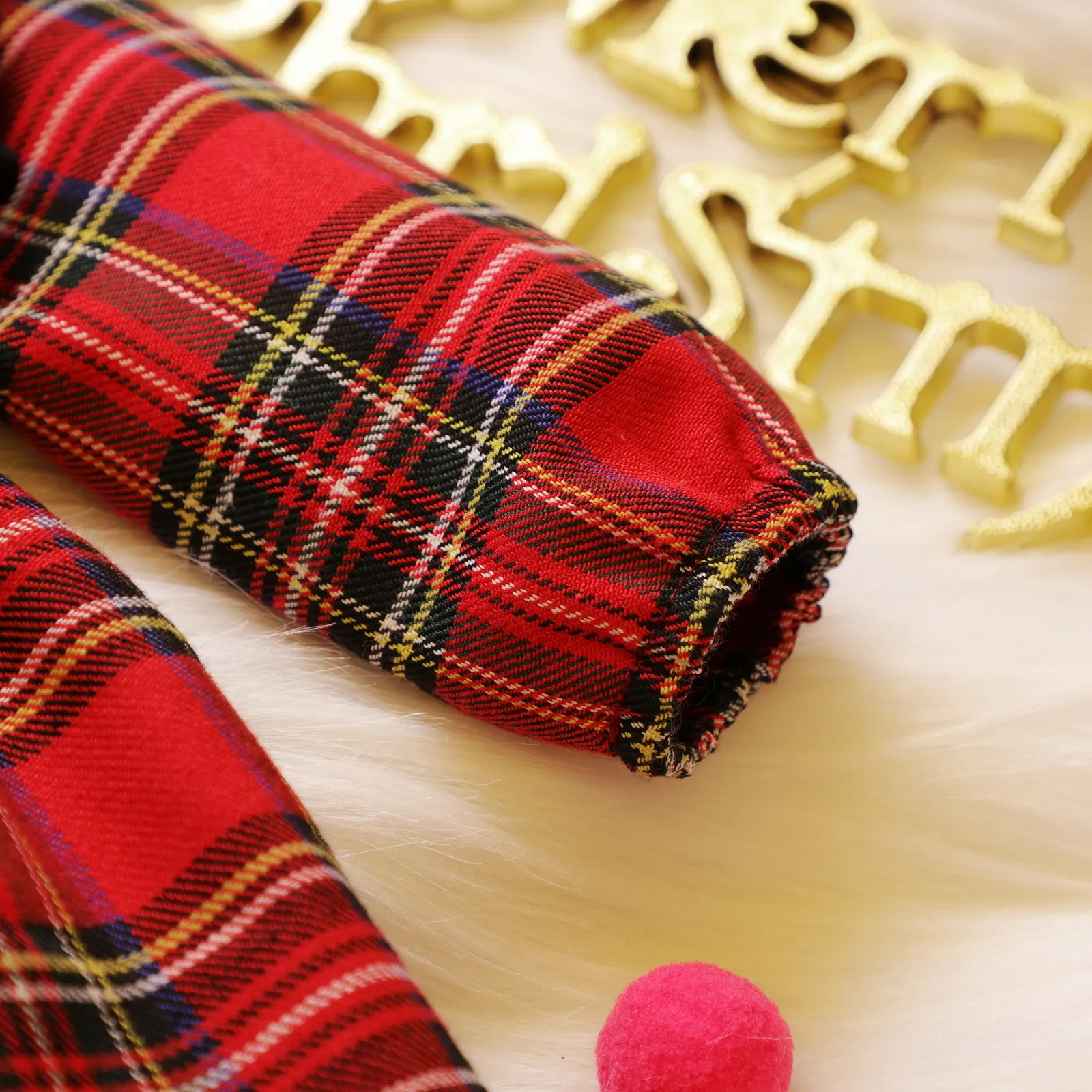 Baby 2pcs Red Plaid Ruffle Pom Poms Long-sleeve Dress Set  image 4