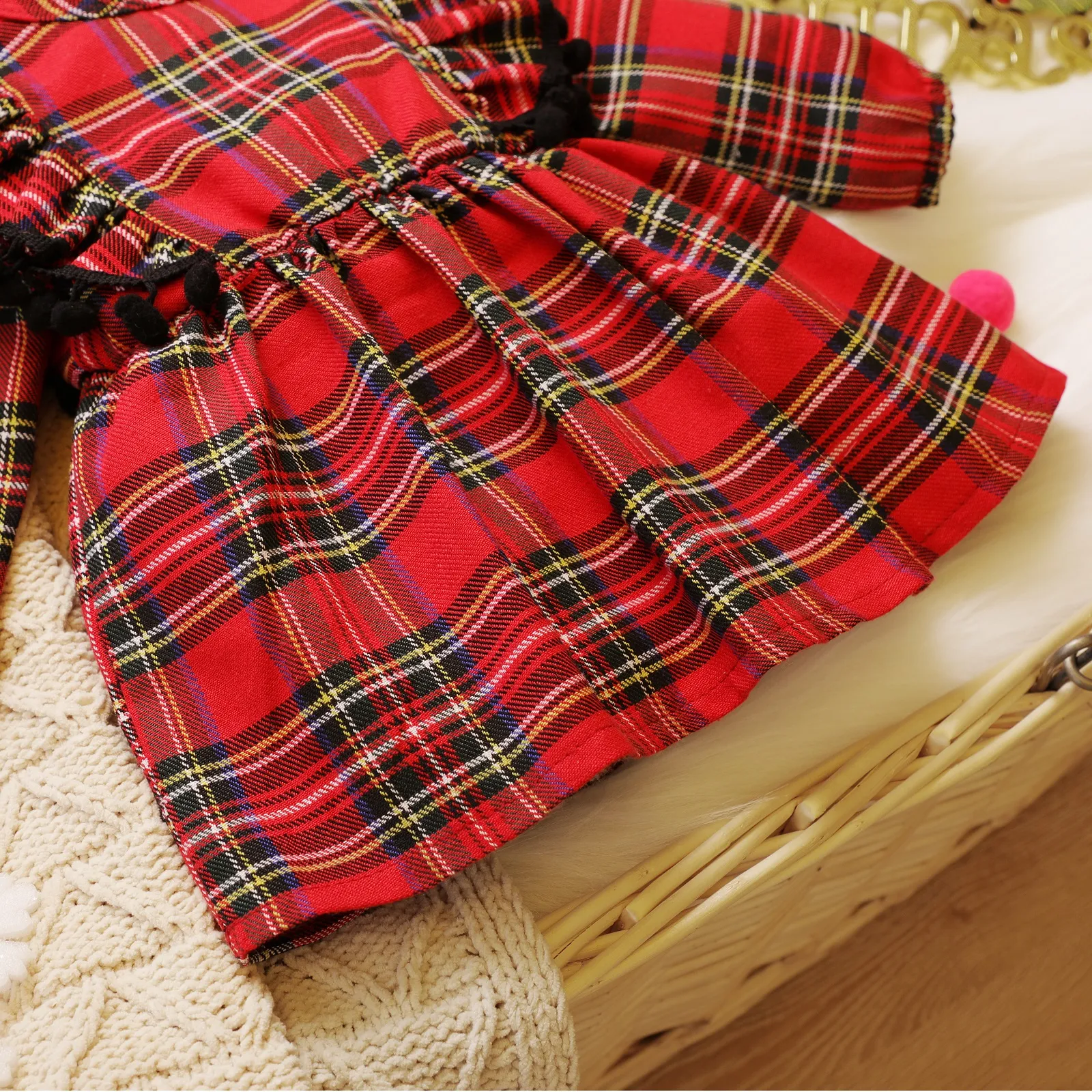 Baby 2pcs Red Plaid Ruffle Pom Poms Long-sleeve Dress Set  image 5