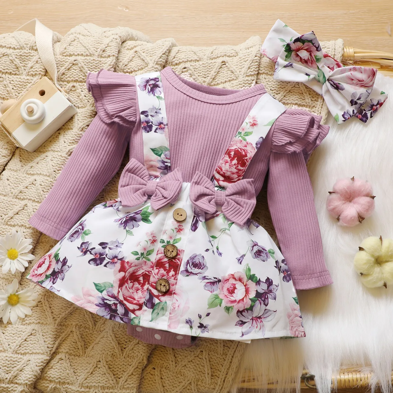 2pcs Baby Floral Print Ribbed Ruffle Long-sleeve Faux-two Romper Dress Set Lavender big image 1