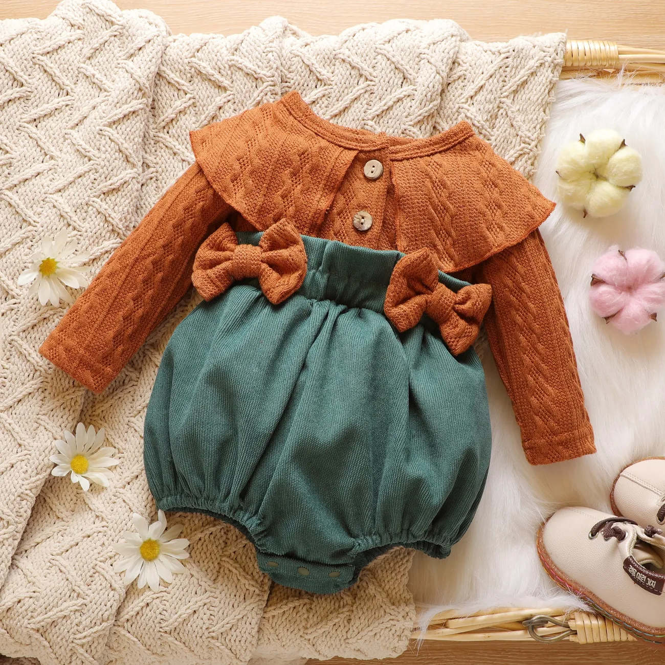 Bebé Menina Costuras de tecido Bonito Manga comprida Macacão curto Verde big image 1