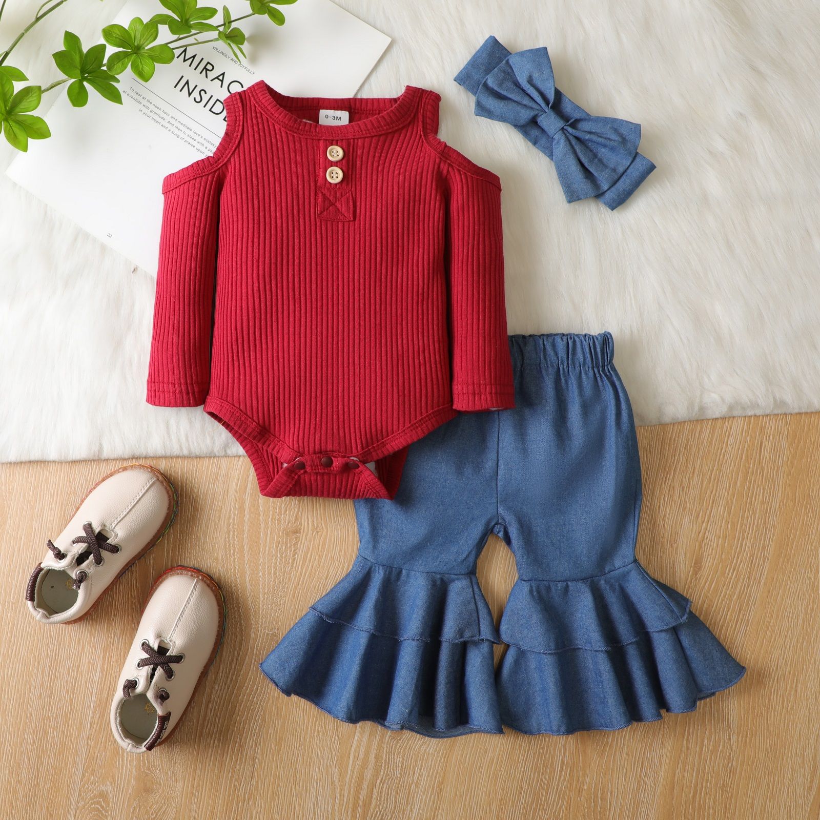 3pcs Baby Off Shoulder Long-sleeve Ribbed Romper and Bell Bottom Jeans Set