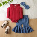 3pcs Baby Off Shoulder Long-sleeve Ribbed Romper and Bell Bottom Jeans Set Red